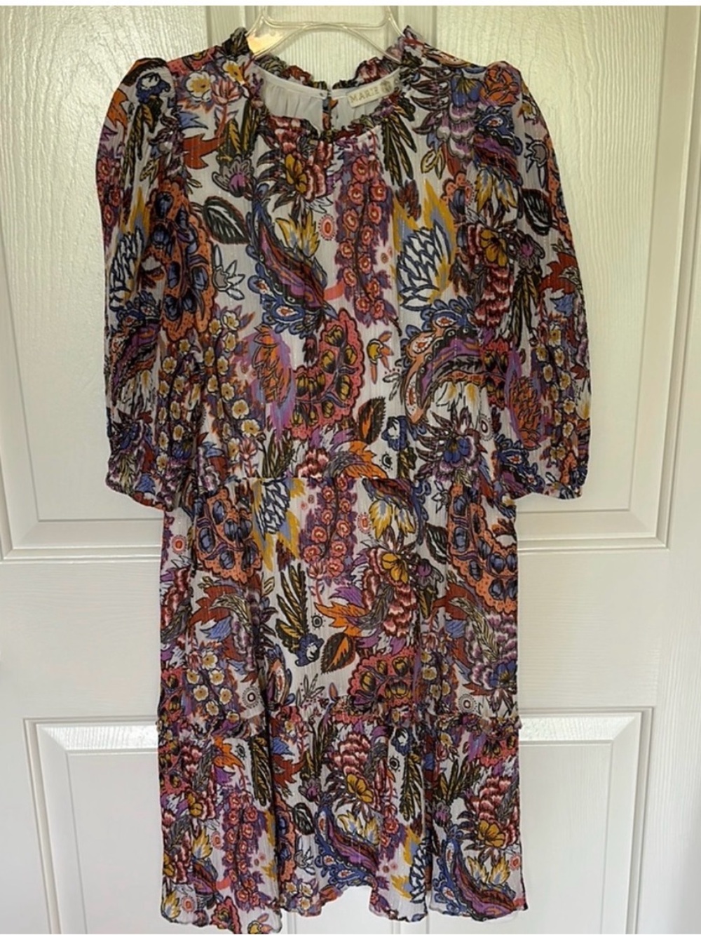 Marie Oliver Metallic Paisley Floral Puff Sleeve Dress S